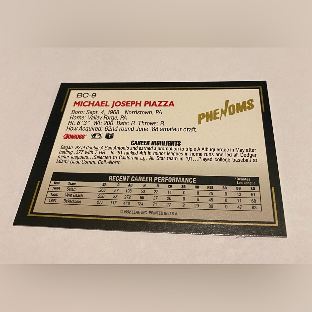 Mike Piazza RC Rookie 1995 Leaf Phenoms #BC-9 Los Angeles Dodgers Vintage - Picture 2 of 3